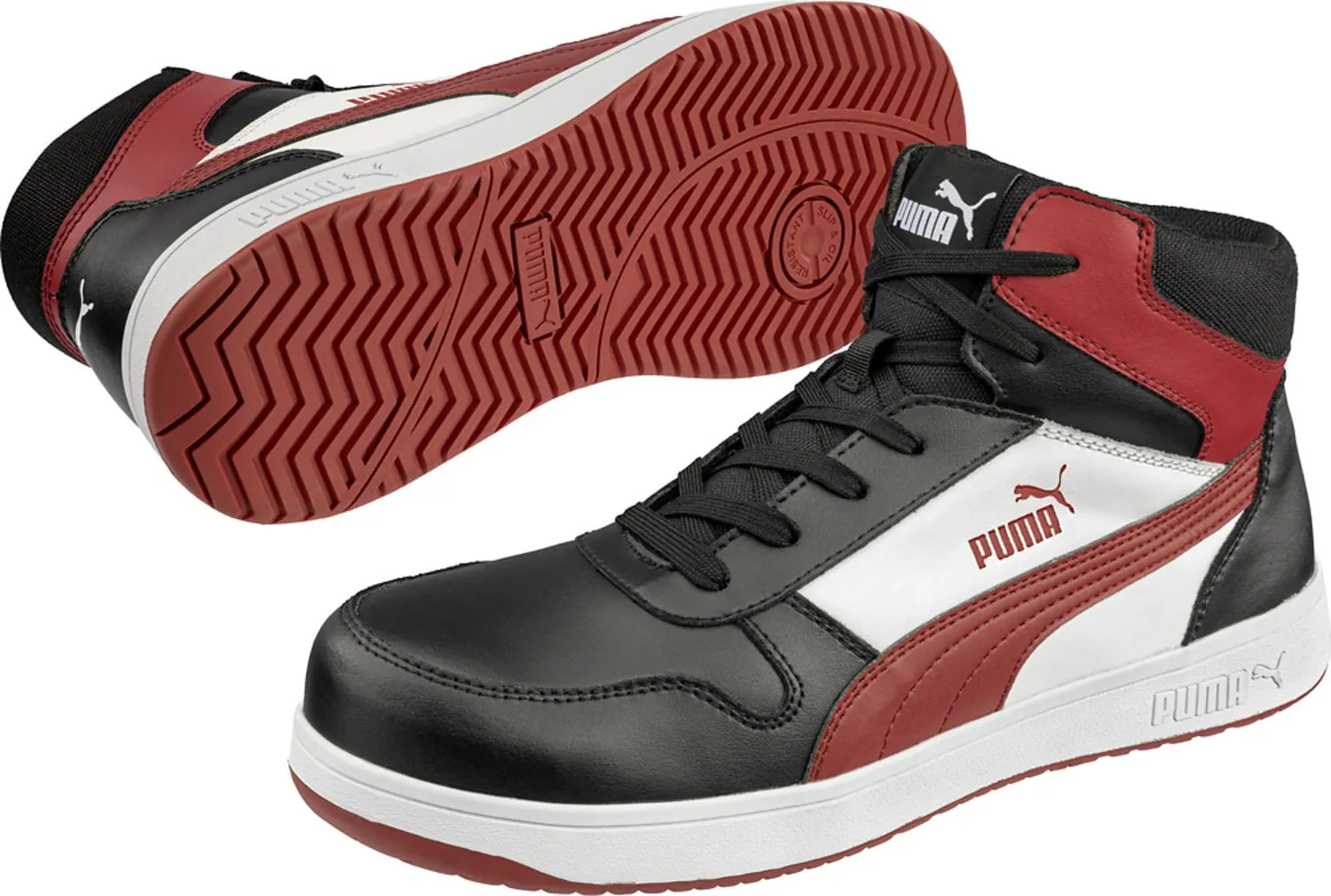 Puma Safety Mens Frontcourt Mid AST Black/White/Red Leather Work Boots