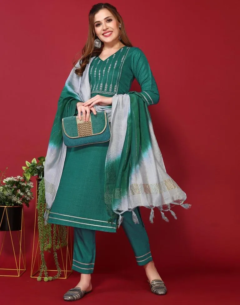 Rama Green Silk Embroidery Straight Kurta Kurti With Pant And Dupatta