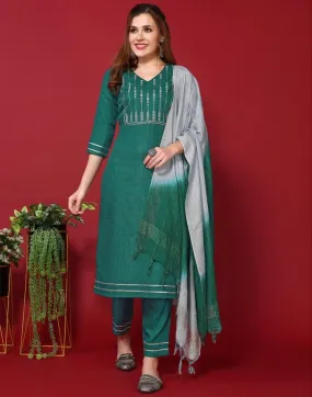 Rama Green Silk Embroidery Straight Kurta Kurti With Pant And Dupatta