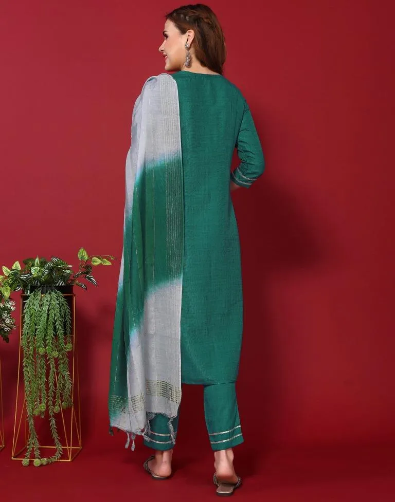 Rama Green Silk Embroidery Straight Kurta Kurti With Pant And Dupatta