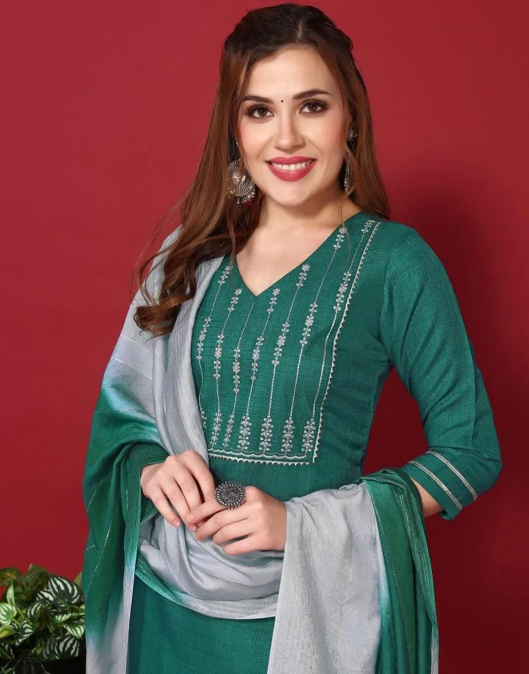 Rama Green Silk Embroidery Straight Kurta Kurti With Pant And Dupatta