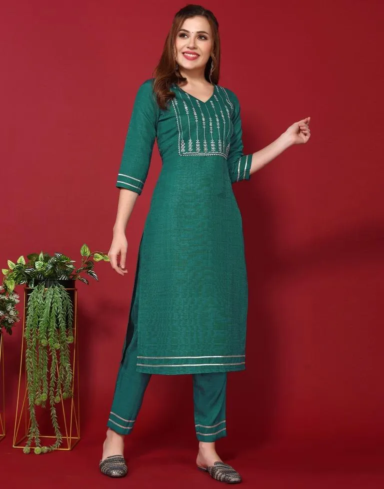 Rama Green Silk Embroidery Straight Kurta Kurti With Pant And Dupatta