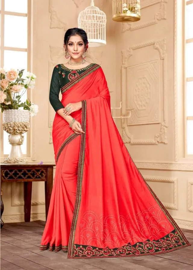 Red colour Silk saree with Embroidery work