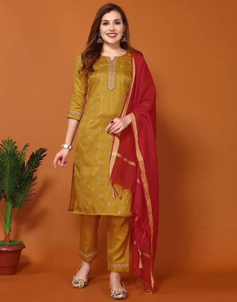 Red Silk Embroidery Straight Kurta Set