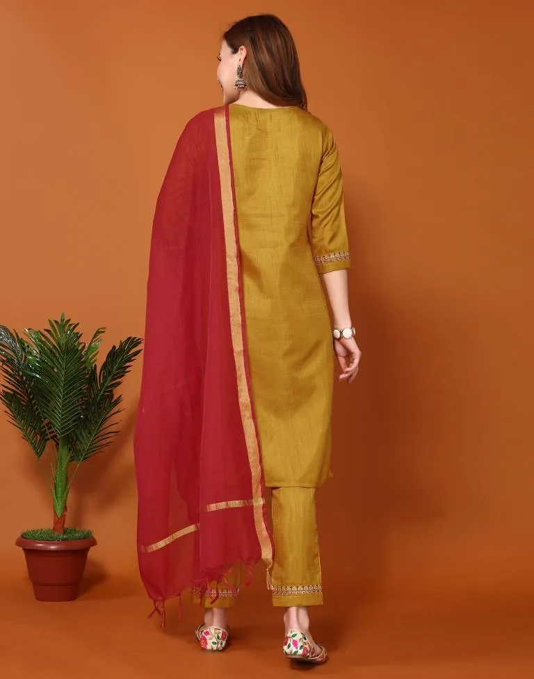 Red Silk Embroidery Straight Kurta Set