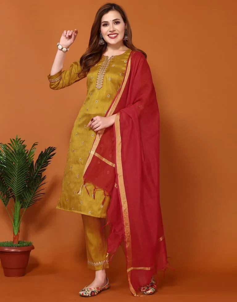 Red Silk Embroidery Straight Kurta Set