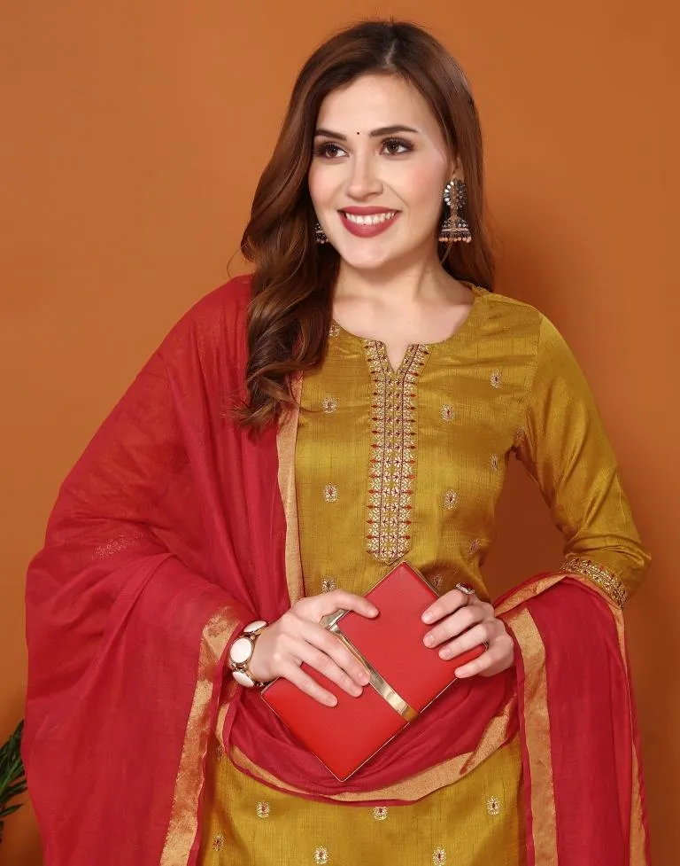 Red Silk Embroidery Straight Kurta Set