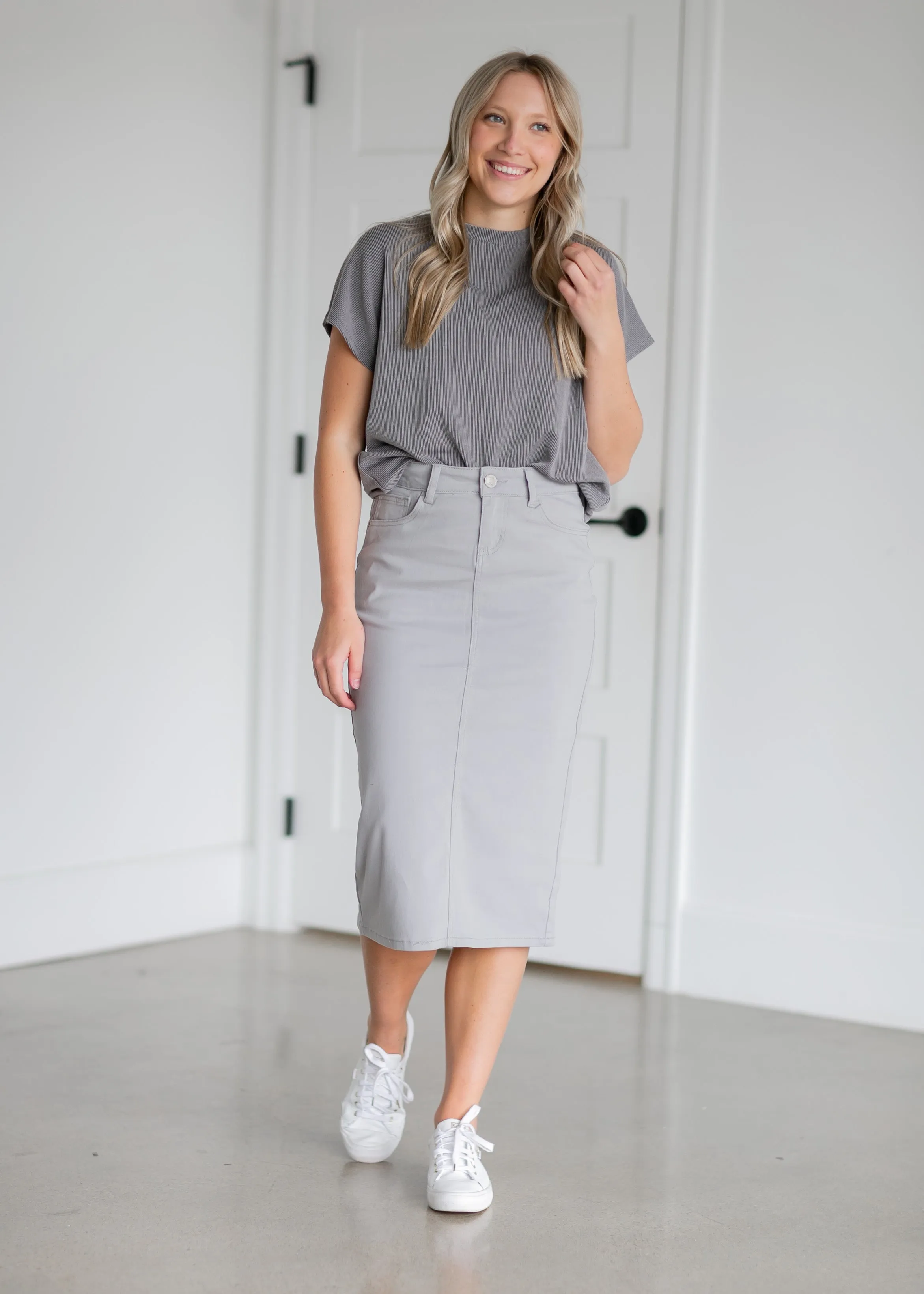 Remi Ultimate Gray Denim Midi Skirt - FINAL SALE