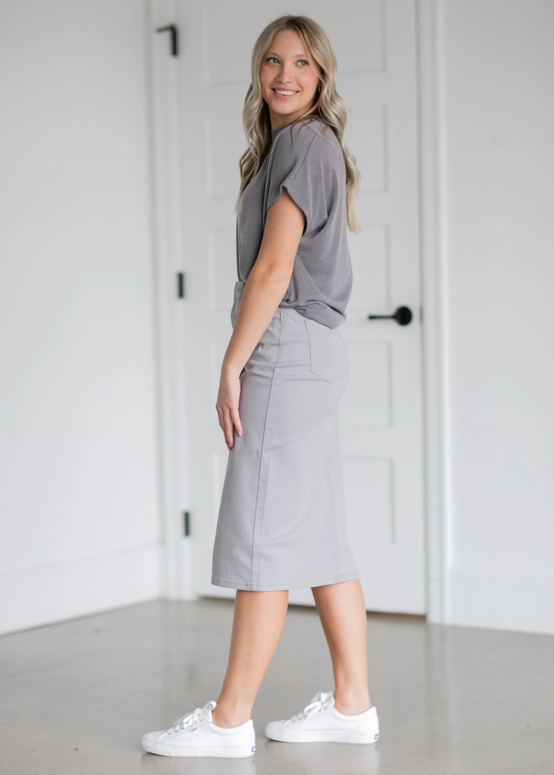 Remi Ultimate Gray Denim Midi Skirt - FINAL SALE