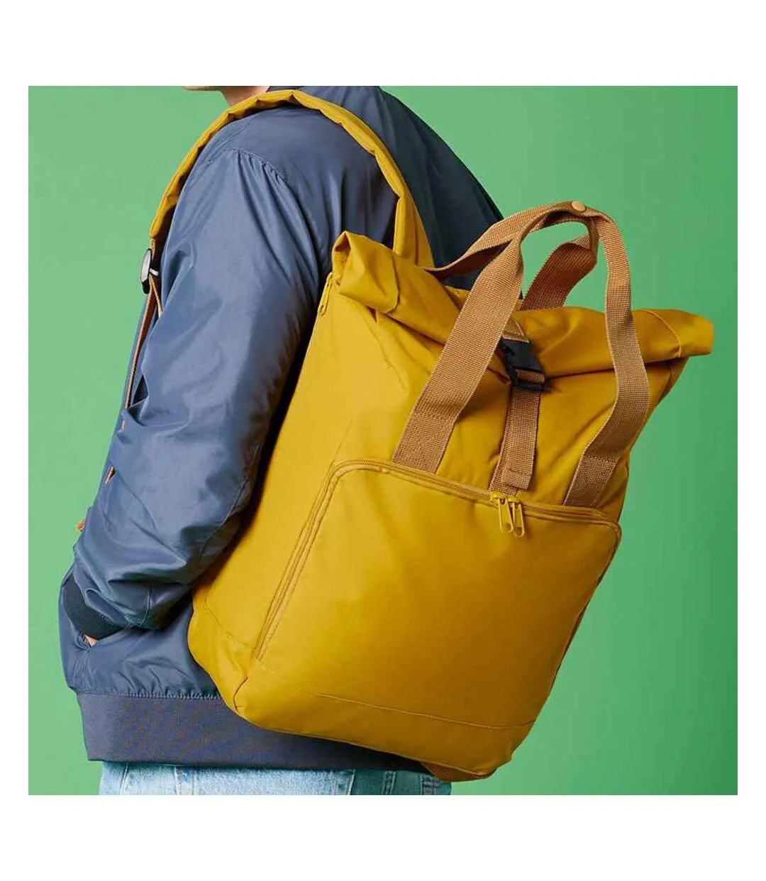 Roll top recycled twin handle laptop backpack one size mustard yellow Bagbase