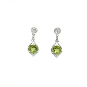 Round Peridot Drop Earrings with Twenty Diamonds in 14K White Gold