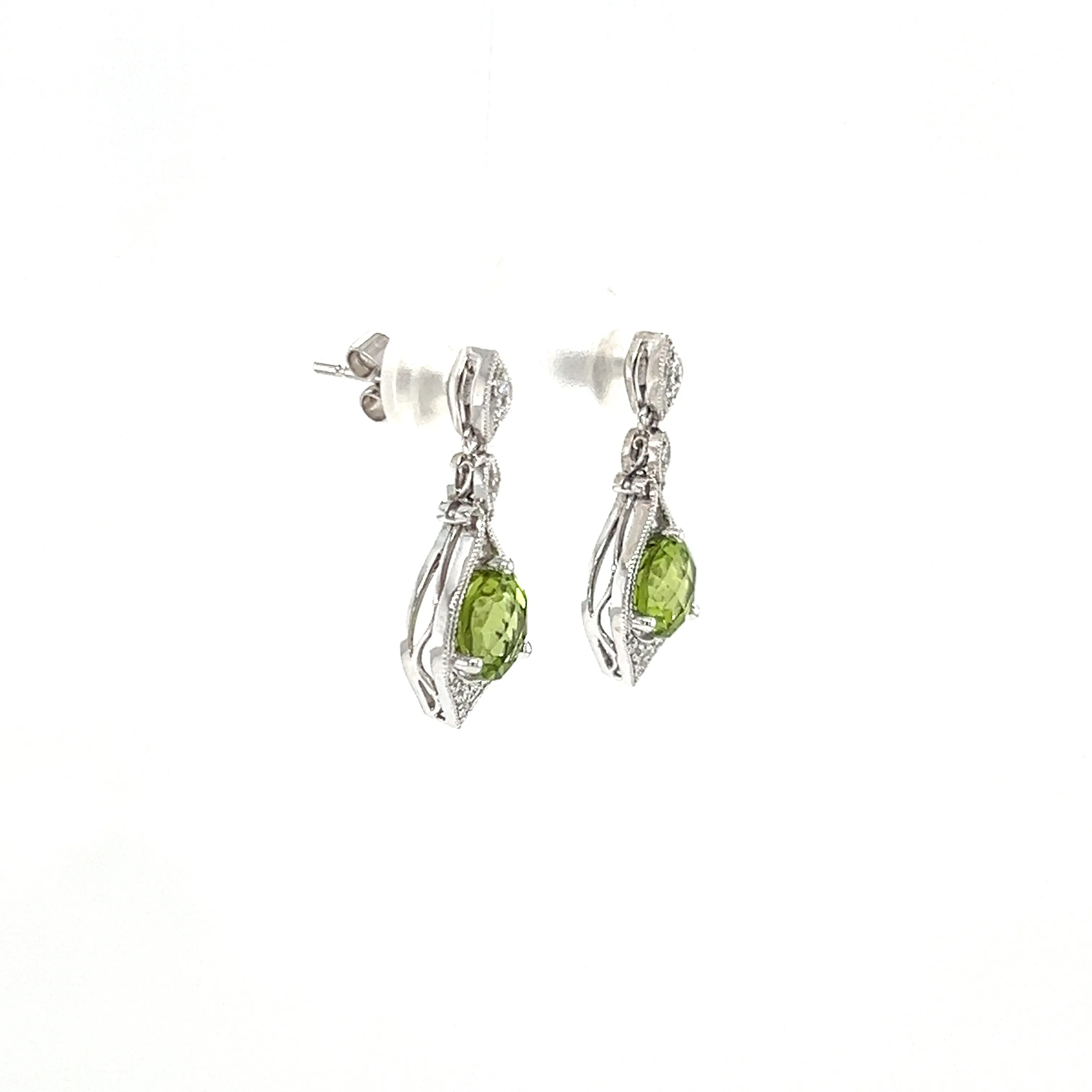 Round Peridot Drop Earrings with Twenty Diamonds in 14K White Gold