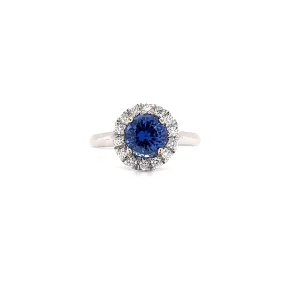 Round Sapphire Ring with Diamond Halo in 14K White Gold