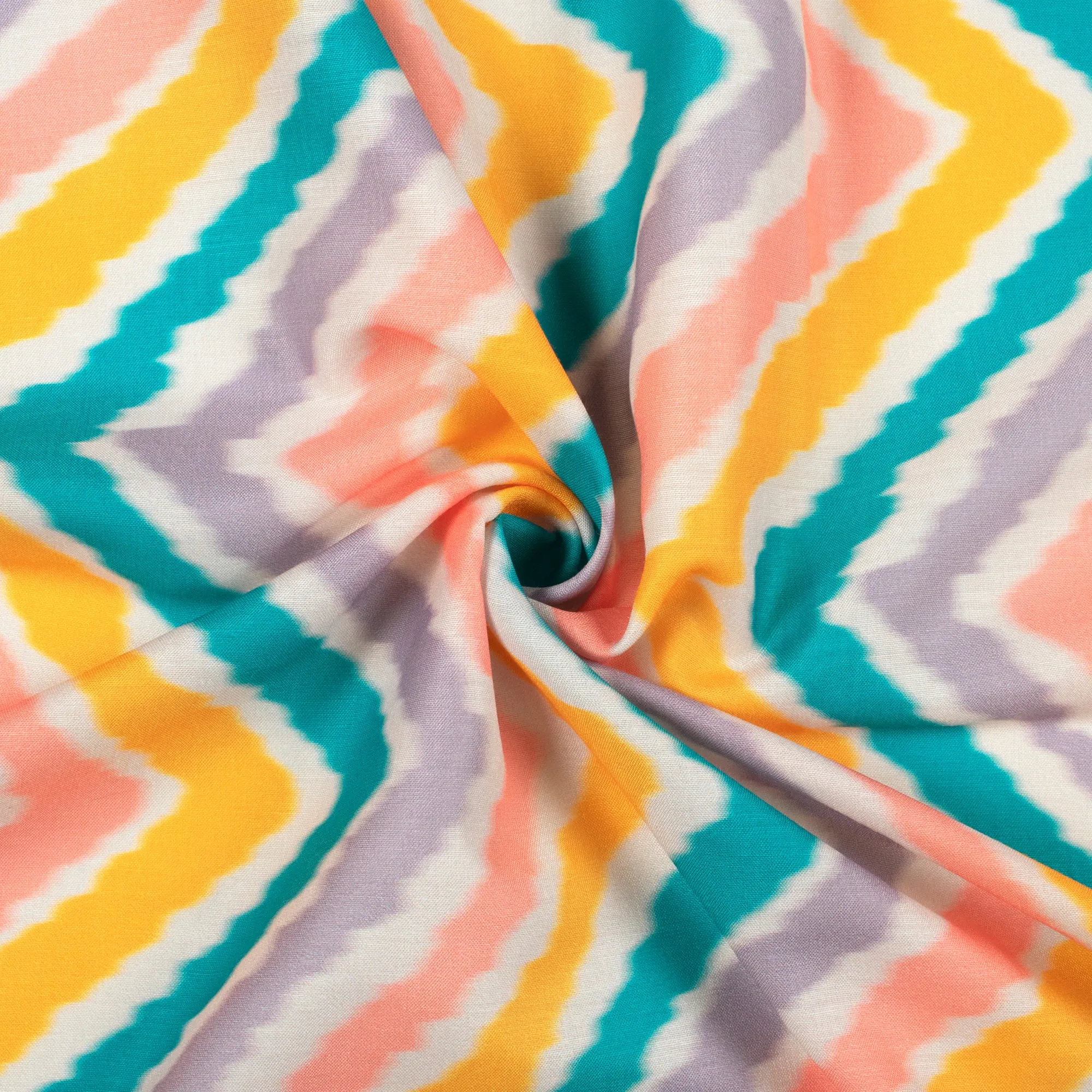 Salmon Pink And Mustard Yellow Chevron Pattern Digital Print Muslin Fabric