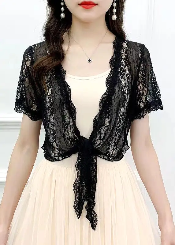 Slim Fit Black Lace Up Hollow Out Lace Cardigans Summer AS1031