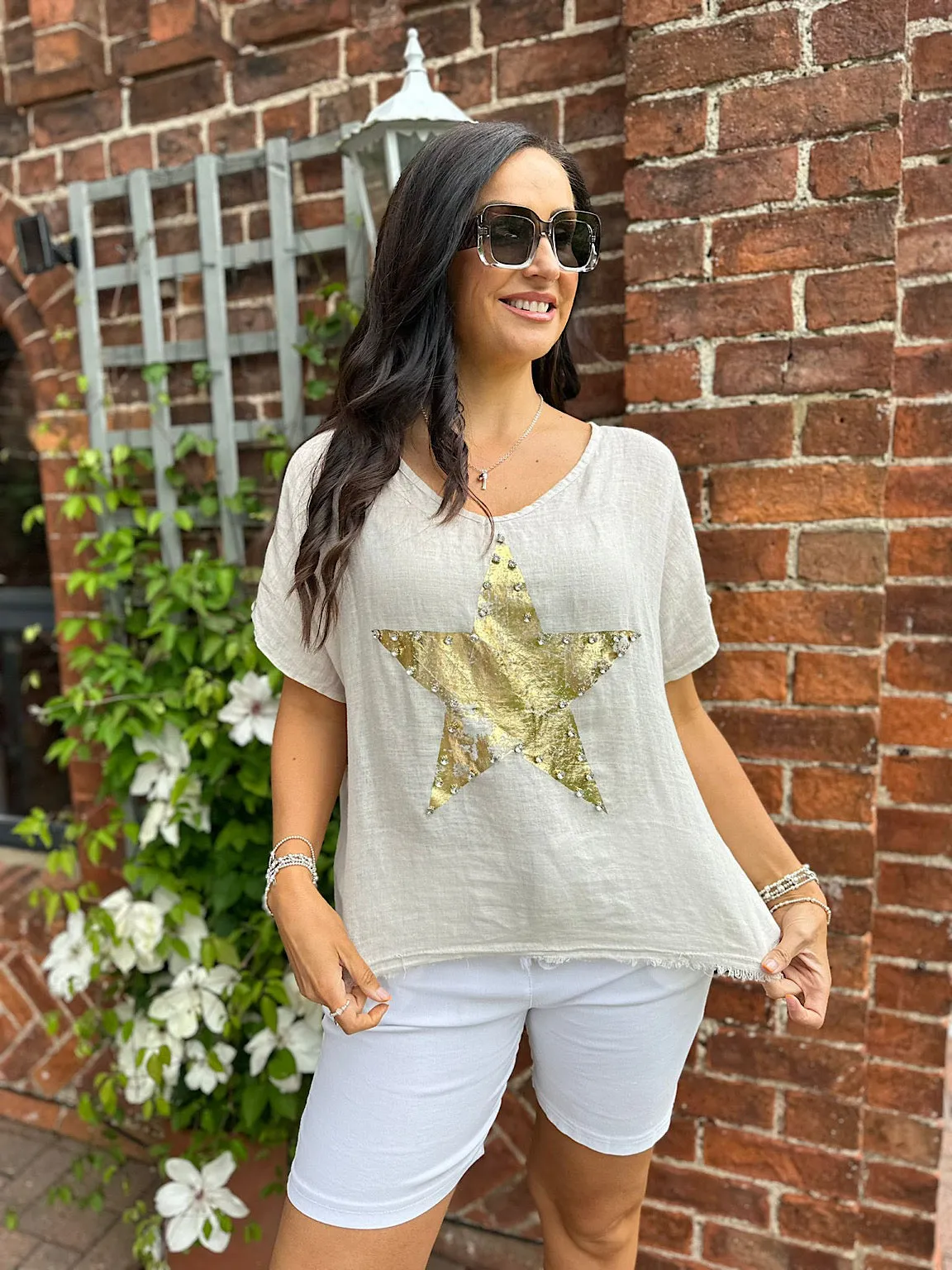 Stone Linen Diamante Star Top Shona