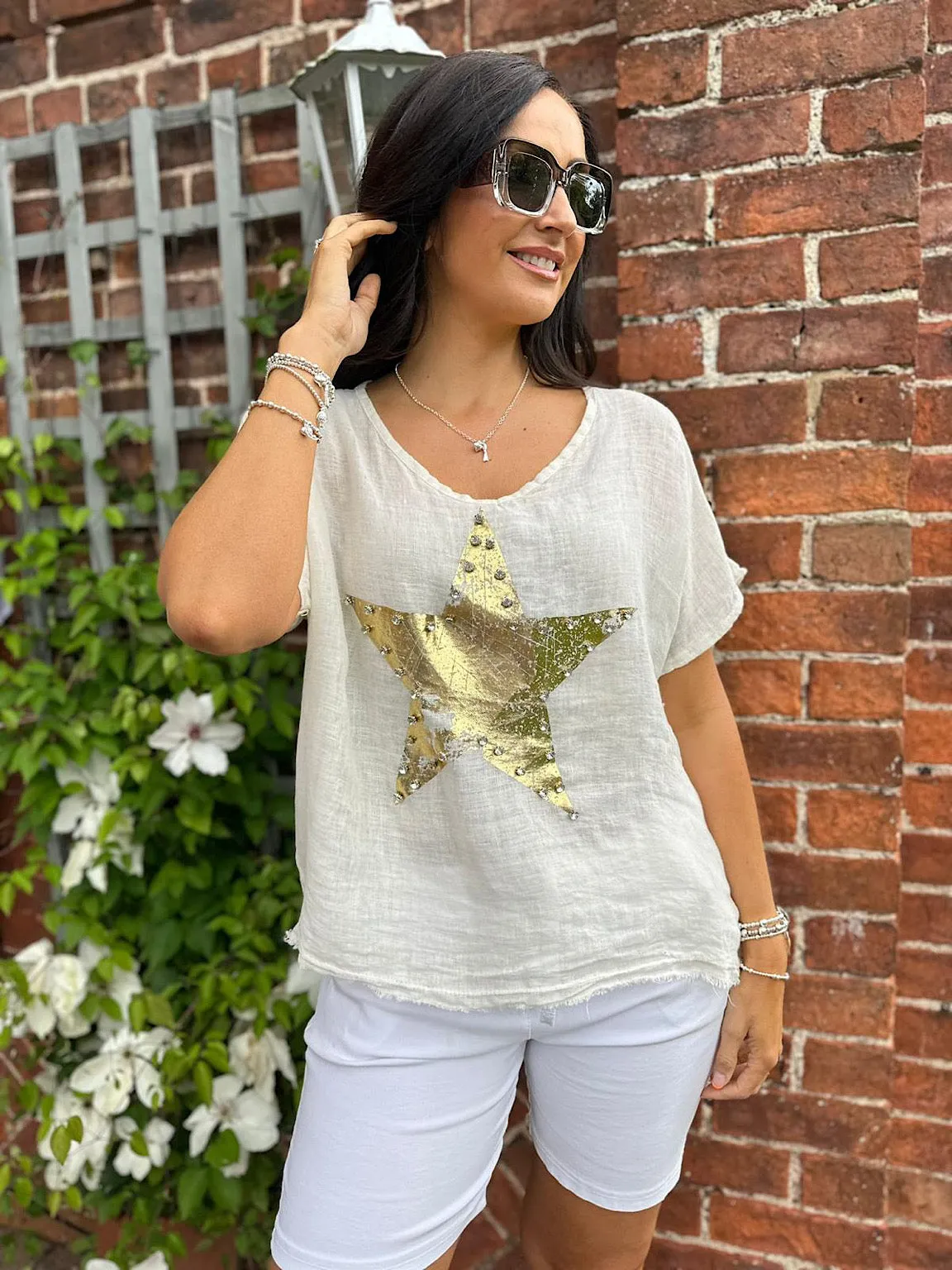 Stone Linen Diamante Star Top Shona