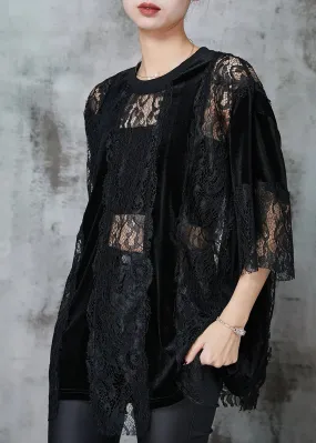 Style Black Hollow Out Patchwork Lace Shirts Summer JK1064