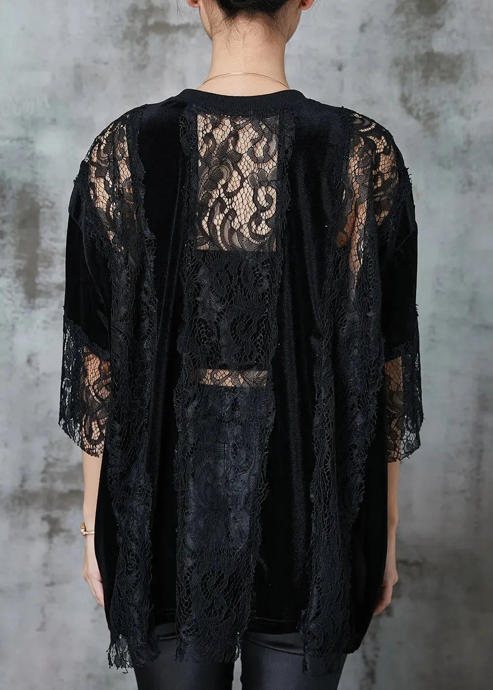 Style Black Hollow Out Patchwork Lace Shirts Summer JK1064