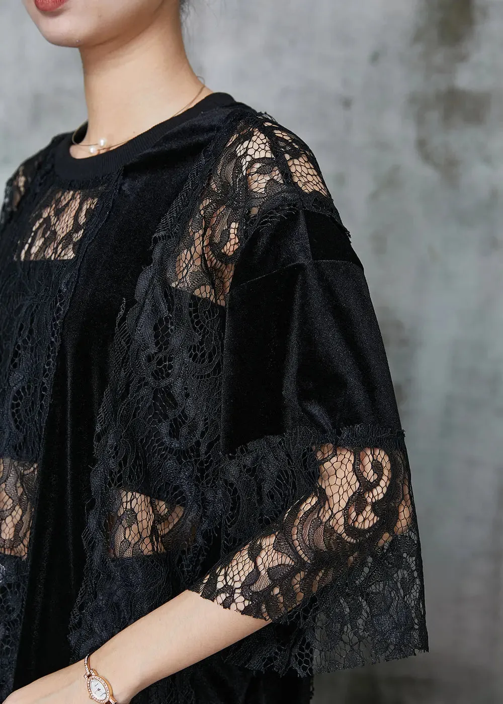 Style Black Hollow Out Patchwork Lace Shirts Summer JK1064