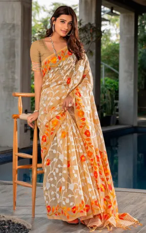 Tantuja Inspired Traditional Woven Floral Nakshi Soft Jamdani Saree in Buff, Red, Orange, Yellow, Mustard and Off White