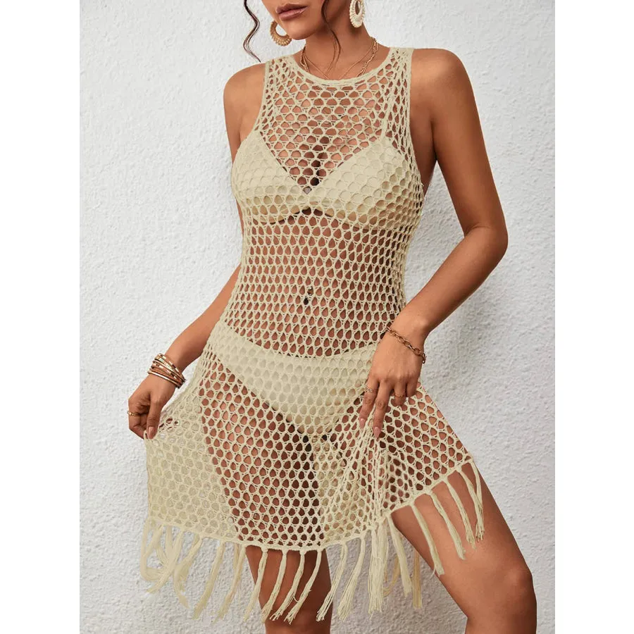 Tassel Hem Hollow Out Sleeveless Cover Up