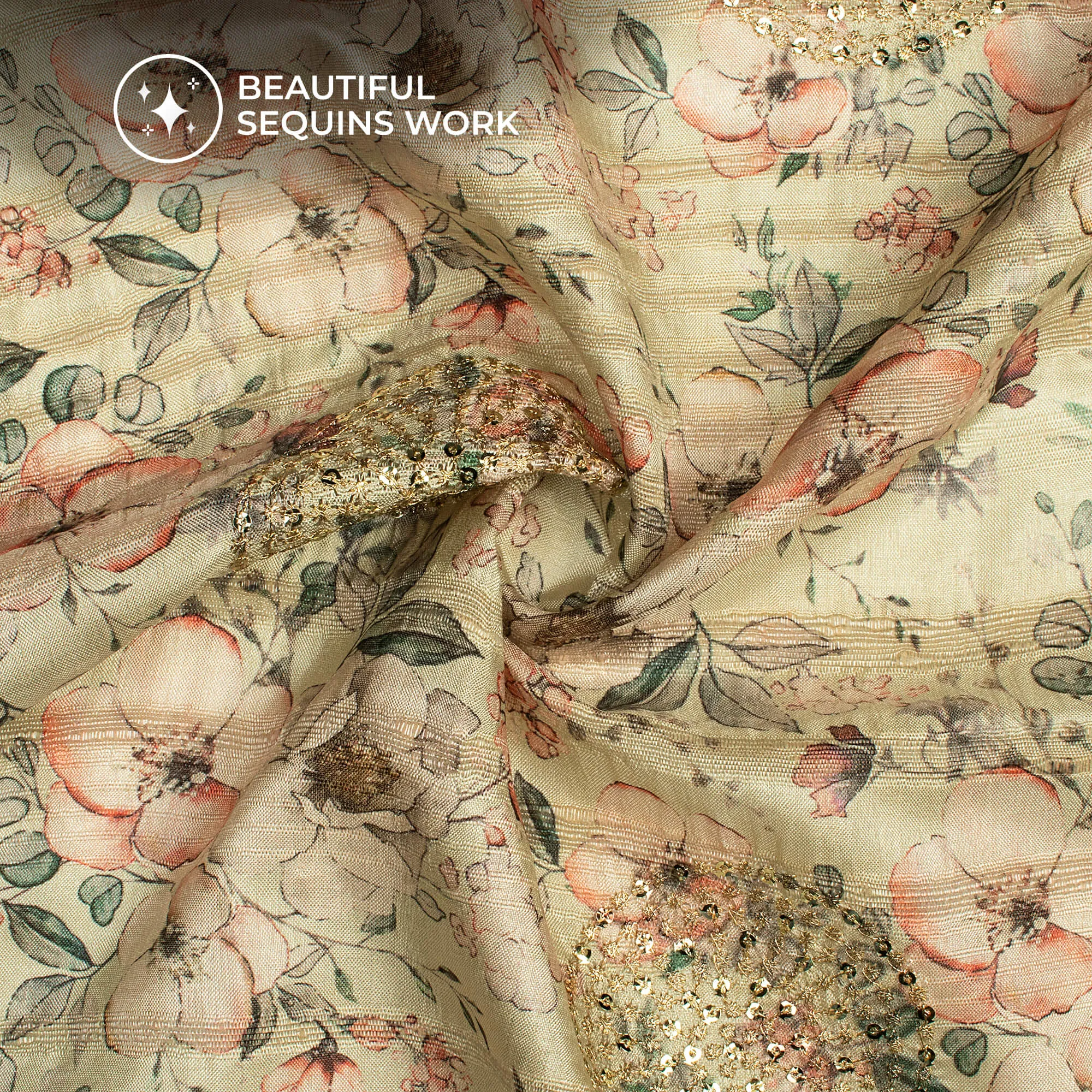 Tea Green And Beige Floral Digital Print Butta Sequins Embroidery On Heritage Art Silk Fabric