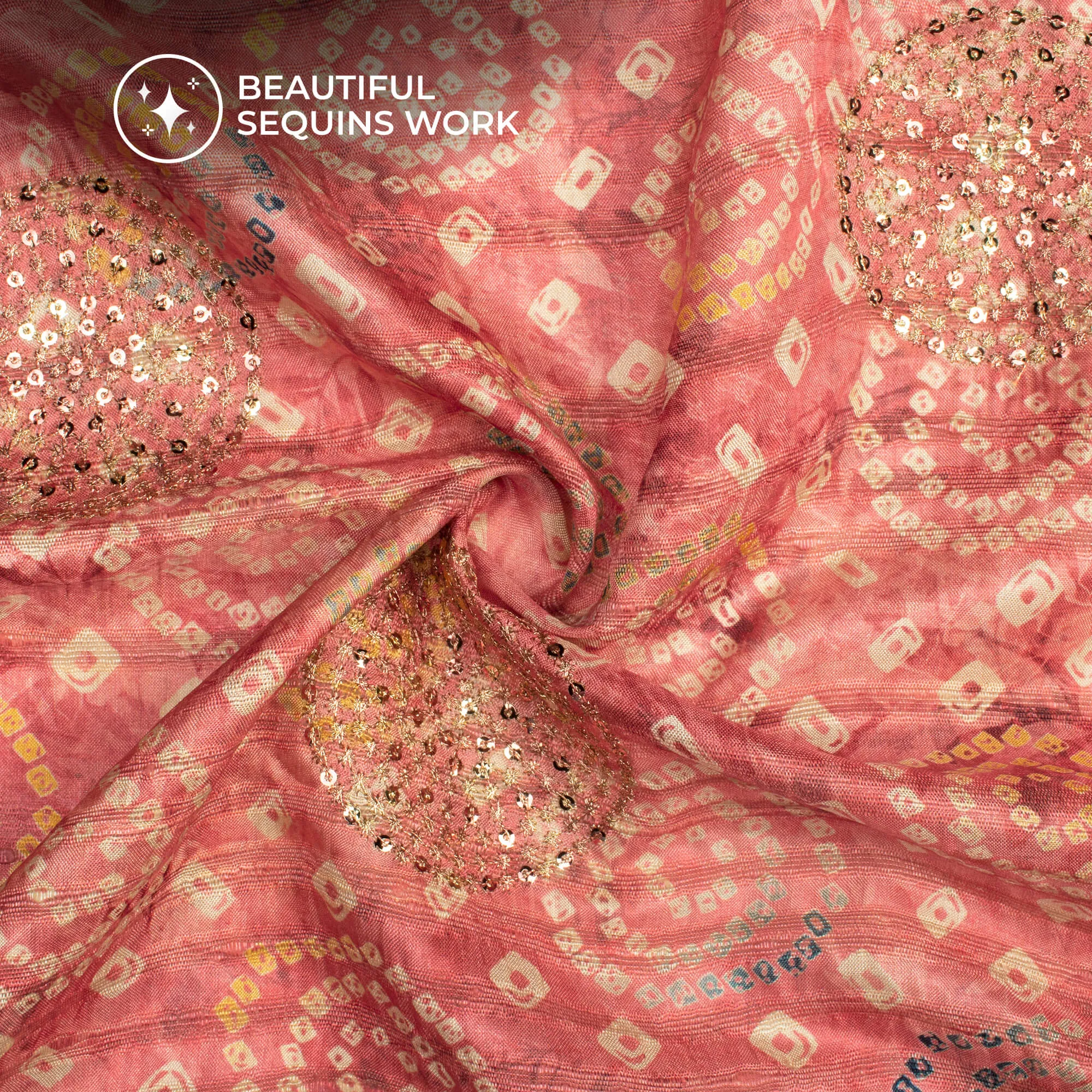 Trendy Pink Bandhani Digital Print Butta Sequins Embroidery On Heritage Art Silk Fabric