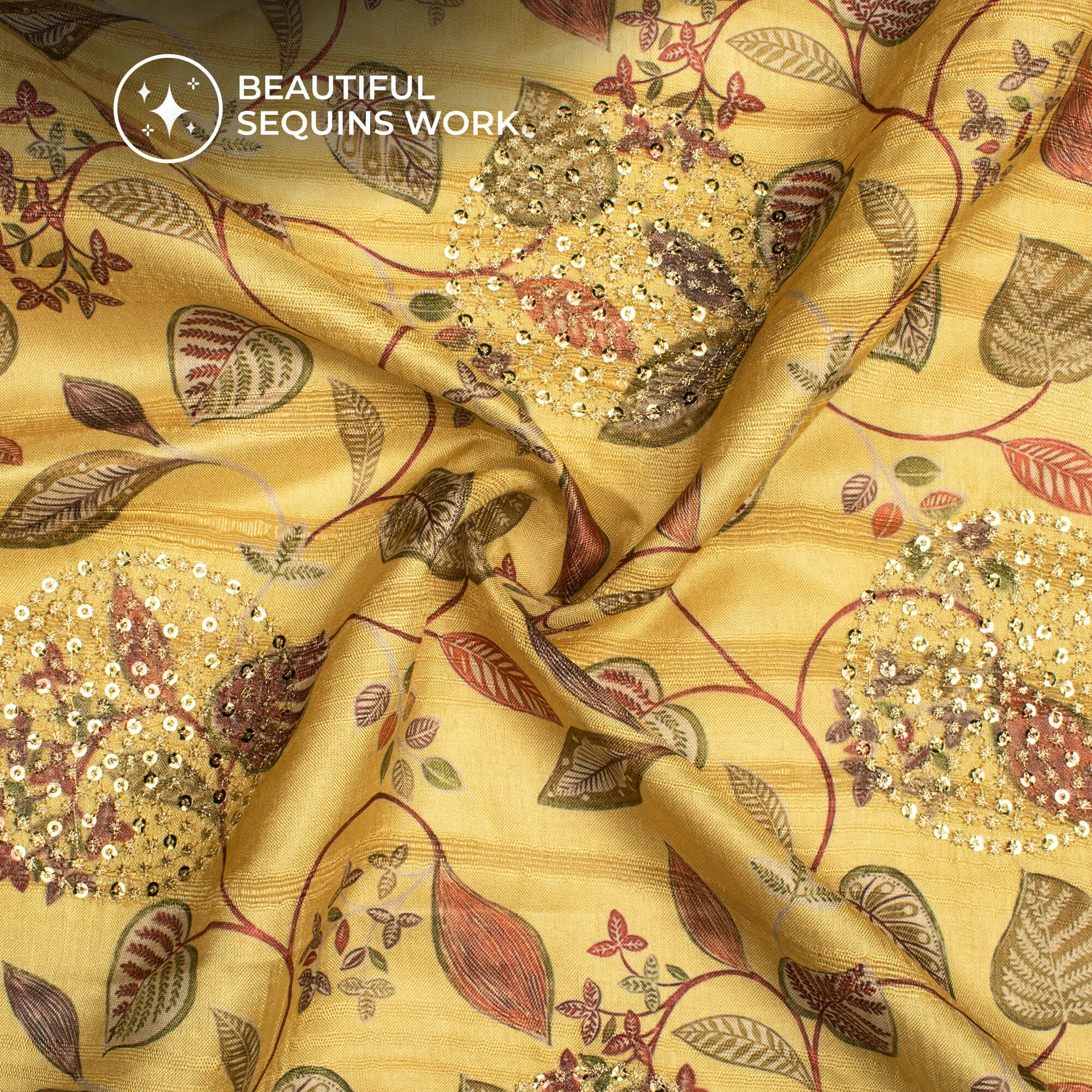 Trendy Yellow Leaf Digital Print Butta Sequins Embroidery On Heritage Art Silk Fabric