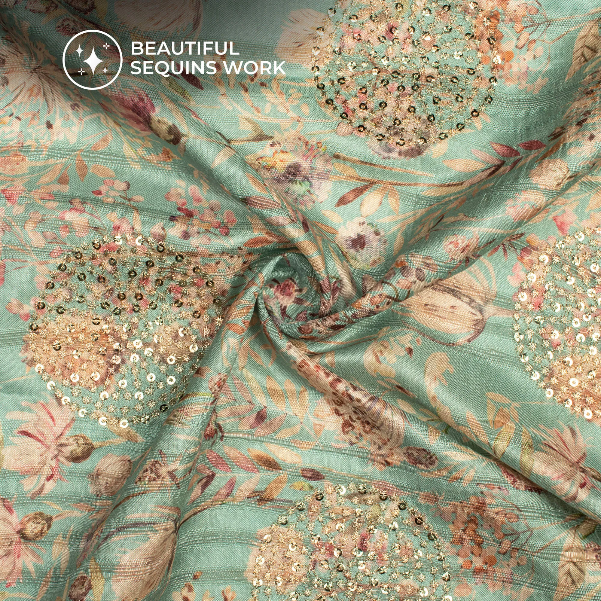 Turquoise Blue And Beige Floral Digital Print Butta Sequins Embroidery On Heritage Art Silk Fabric