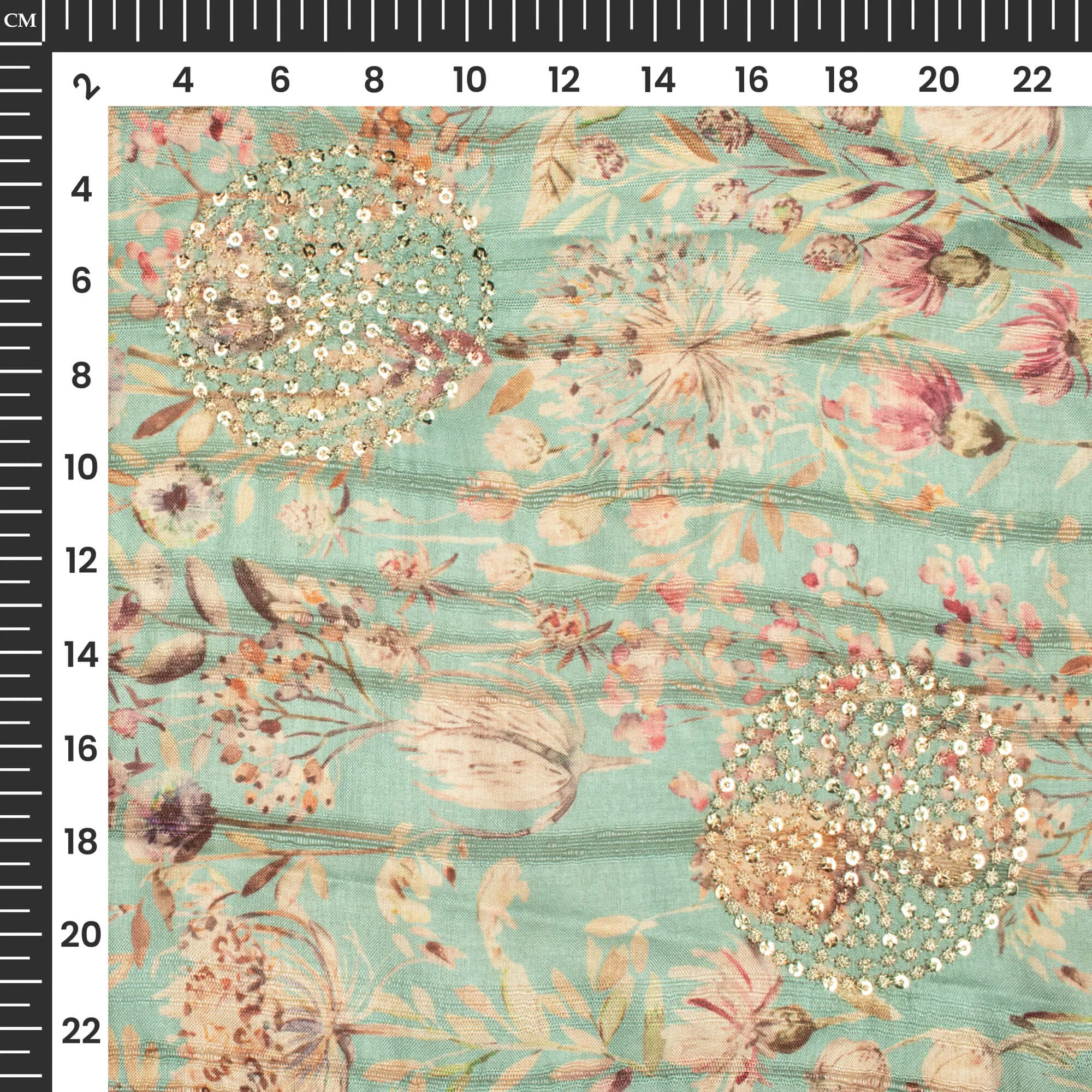 Turquoise Blue And Beige Floral Digital Print Butta Sequins Embroidery On Heritage Art Silk Fabric