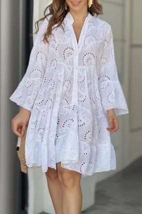 V Neck Lace Embroidery Hollow Out Cotton Dress