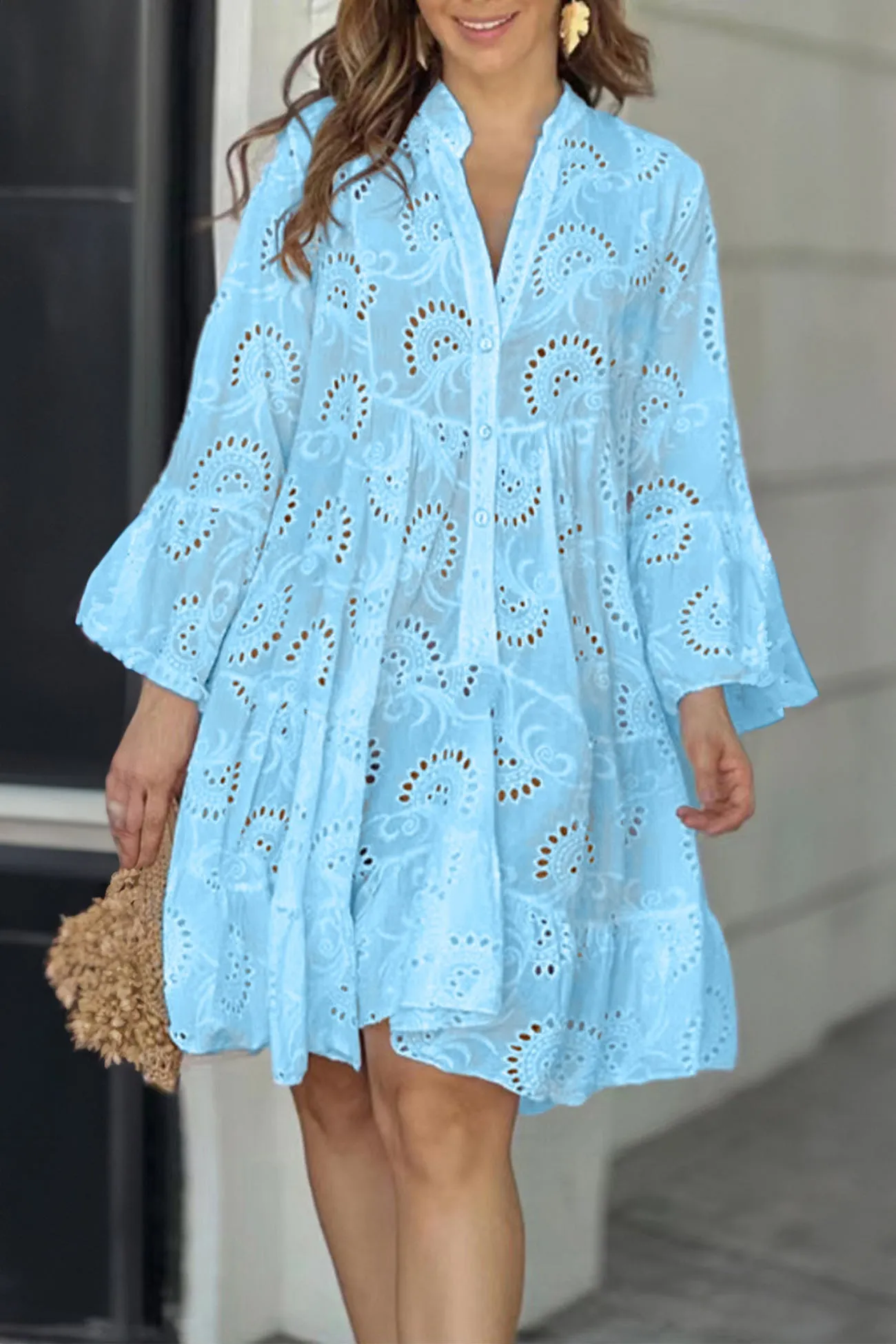 V Neck Lace Embroidery Hollow Out Cotton Dress