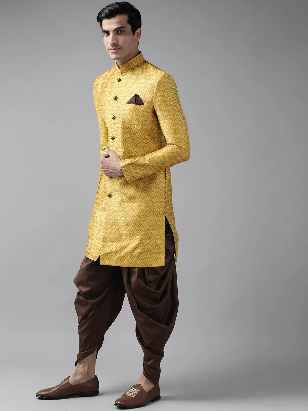 VASTRAMAY Men's Mustard Yellow And Coffee Silk Blend Sherwani Set