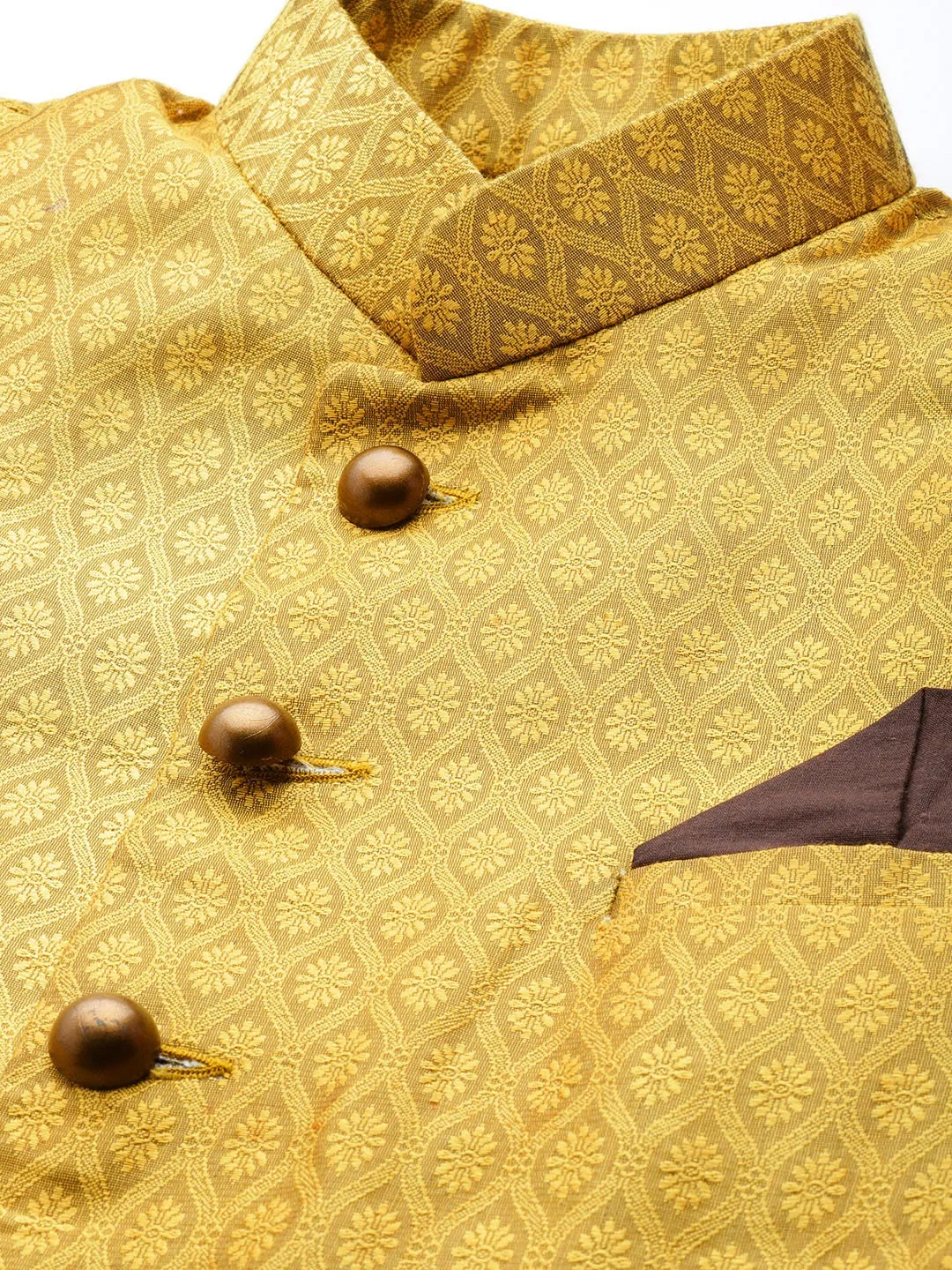 VASTRAMAY Men's Mustard Yellow And Coffee Silk Blend Sherwani Set