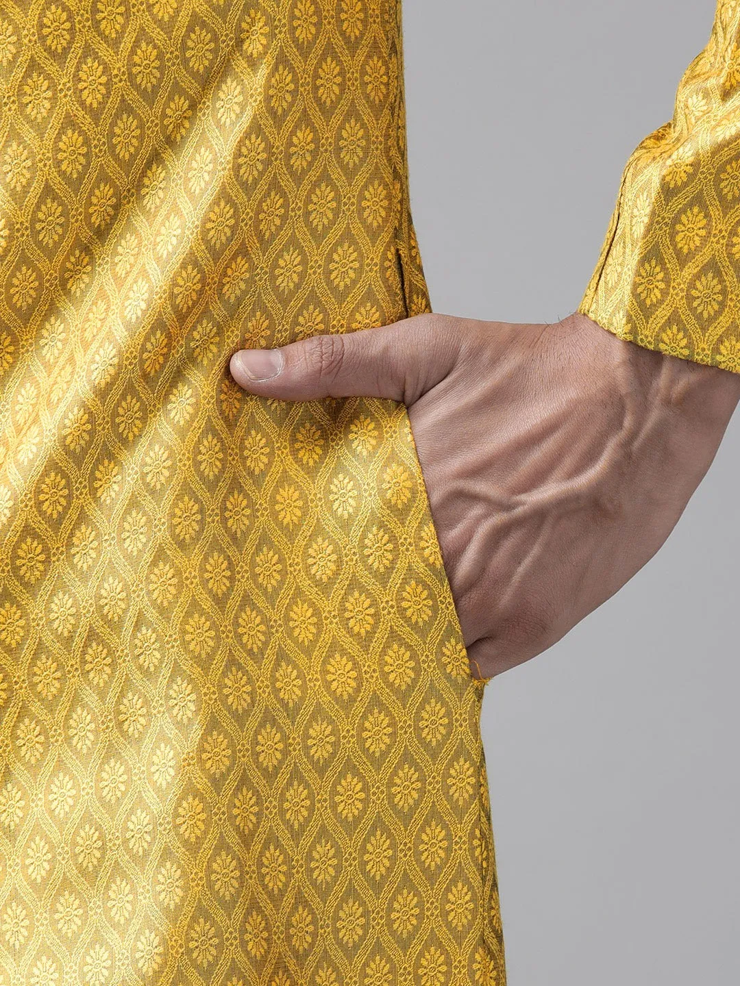 VASTRAMAY Men's Mustard Yellow And Coffee Silk Blend Sherwani Set