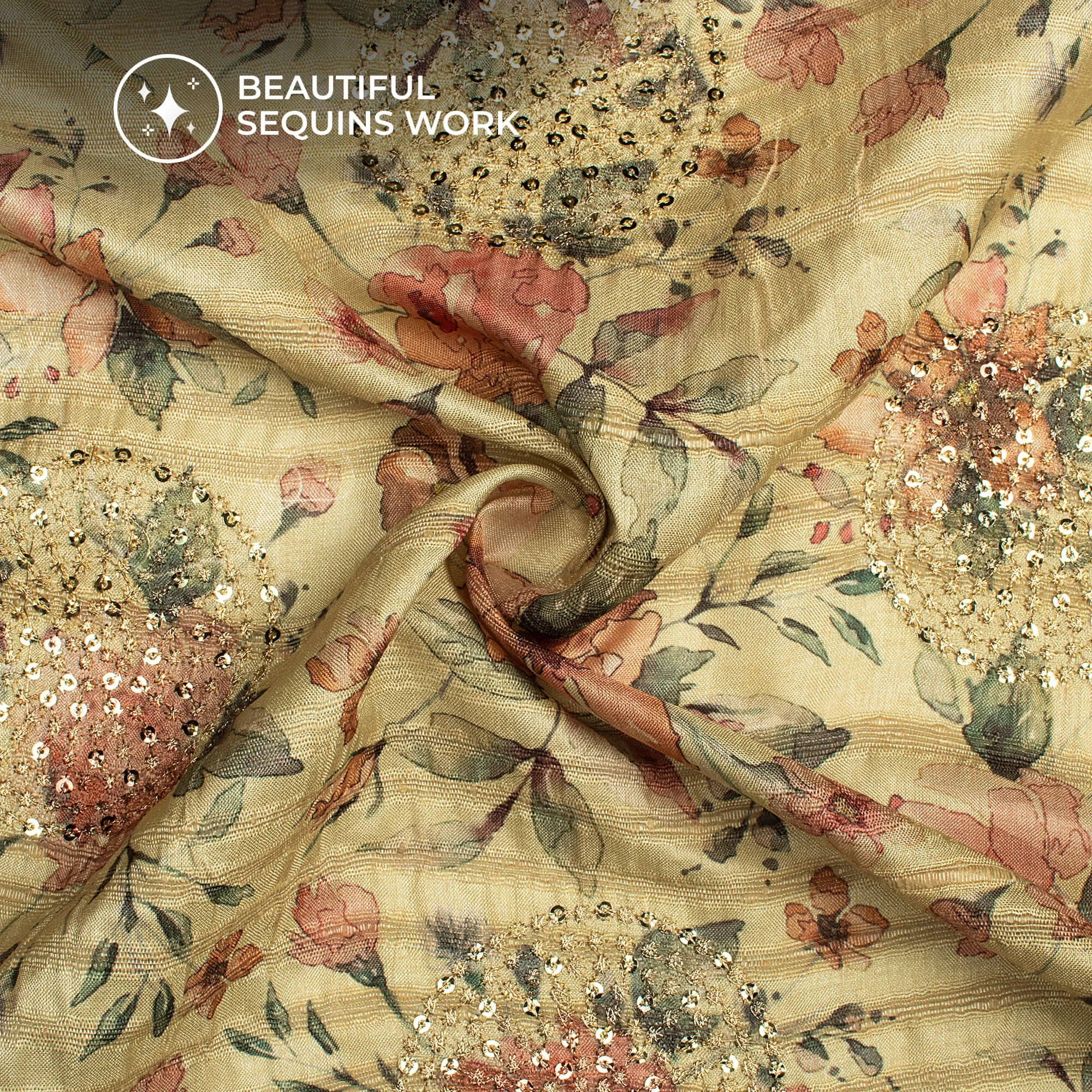 Vintage Floral Digital Print Butta Sequins Embroidery On Heritage Art Silk Fabric