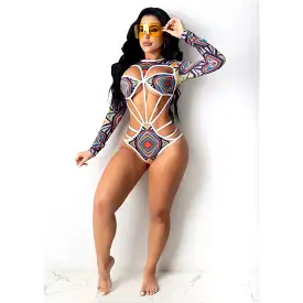 Vintage Print Long Sleeve One-Piece Hollow Out Bikini