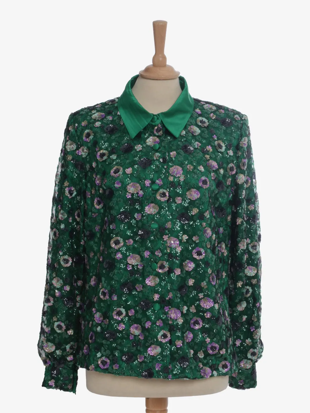 Vintage Silk Shirt With Sequin Floral Embroidery