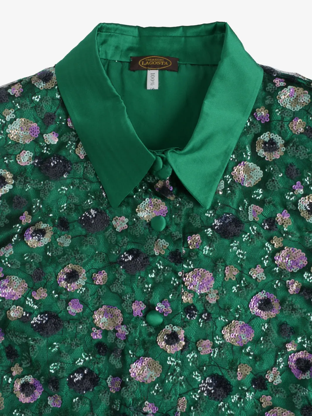 Vintage Silk Shirt With Sequin Floral Embroidery