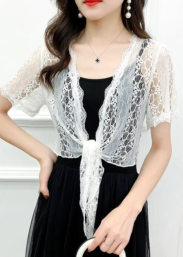 White Solid Hollow Out Lace Cardigan V Neck Short Sleeve AS1024