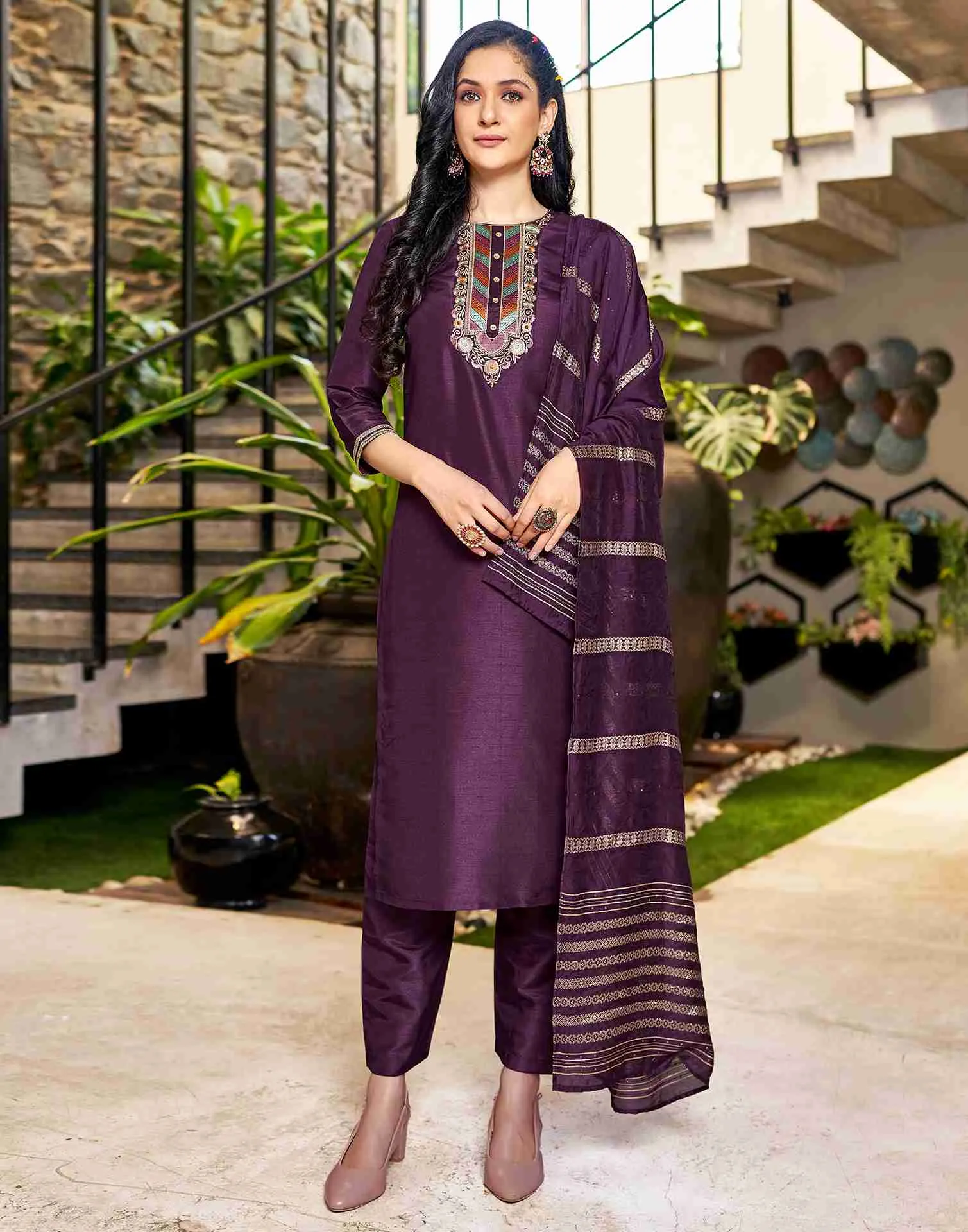 Wine Embroidery Silk Straight Kurta Set With Dupatta