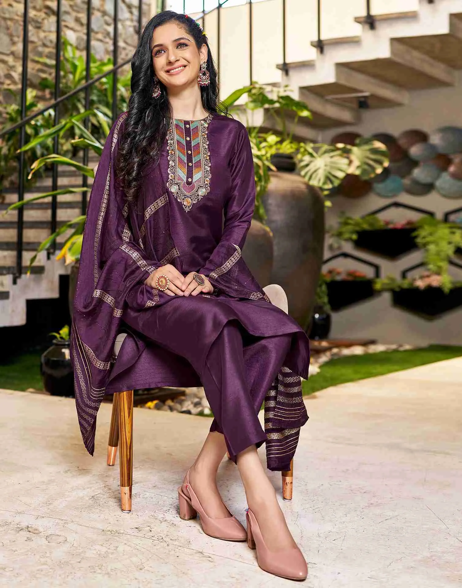 Wine Embroidery Silk Straight Kurta Set With Dupatta