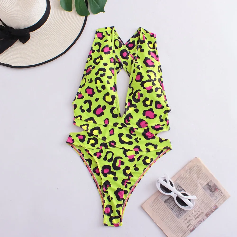 Women's Leopard Print Deep V Neck Hollow Out Backless One Piece Swimwear