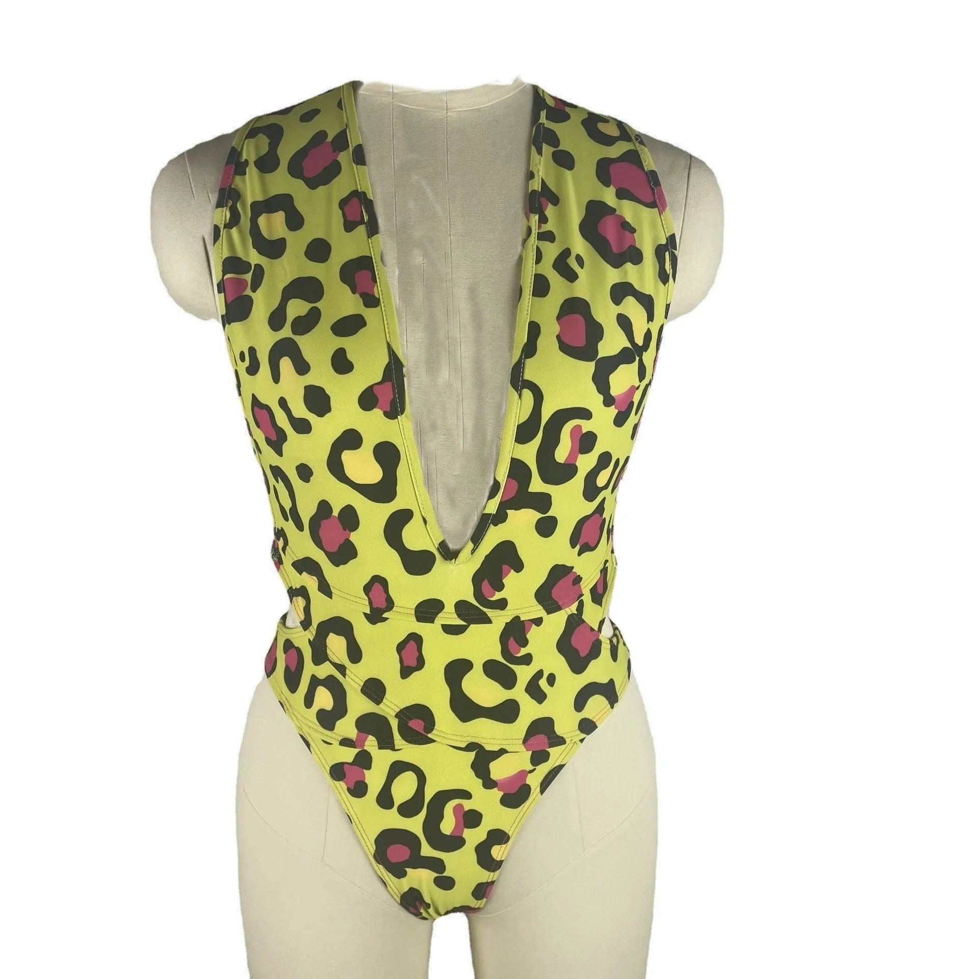 Women's Leopard Print Deep V Neck Hollow Out Backless One Piece Swimwear