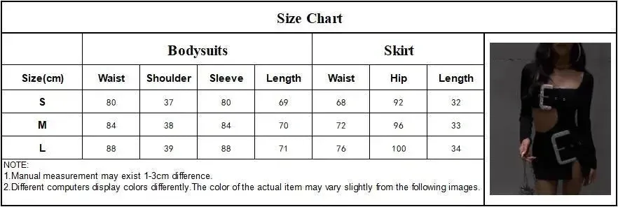 Women's Long Sleeve Diamonds Buckle Belt Hollow Out Short Skirt Bodysuit