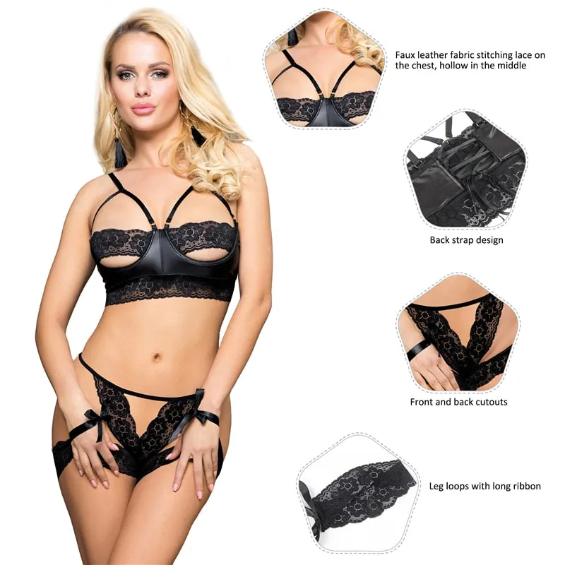 Women's Polyester Sexy Lace Leather Open Cup Bra Hollow Out Lingerie Set