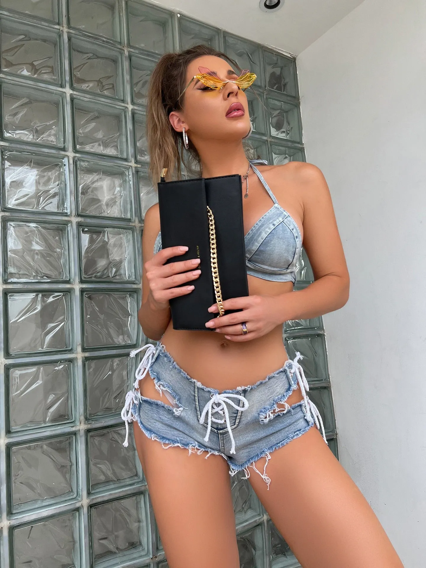 Women's Sexy Summer Denim Bandage Hollow Out Low Waist Shorts