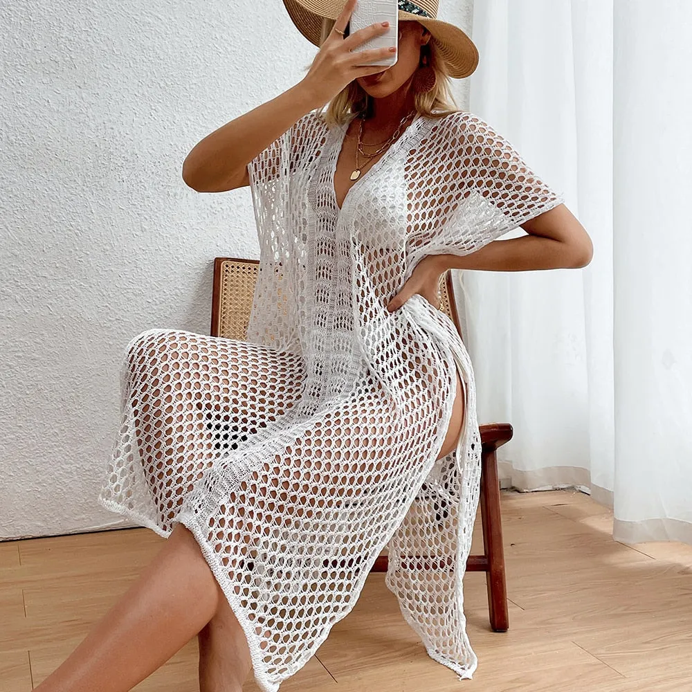 Women's Summer Solid Pattern V Neck Hollow Out Cover-Up Beachwear