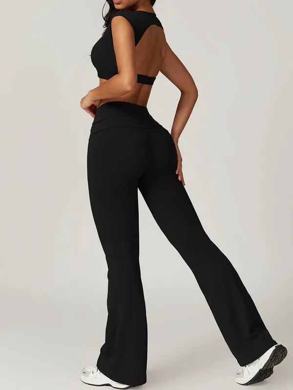 ZASUWA Female Deep V Collar Backless Hollow Out Flare Tracksuit